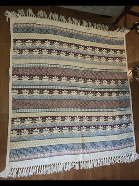 Striped Floral Fringe Tapestry Blanket - Blue, Cream, Burgundy